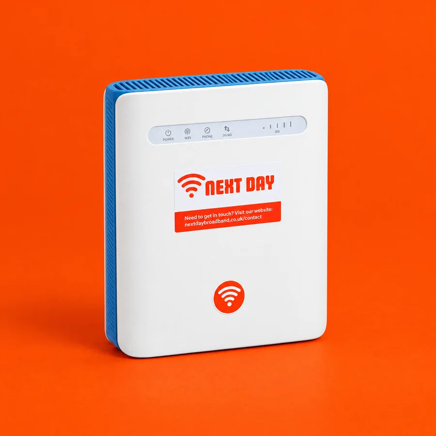 Everyday plug-in broadband router: white plug-in 4G router with the Next Day label