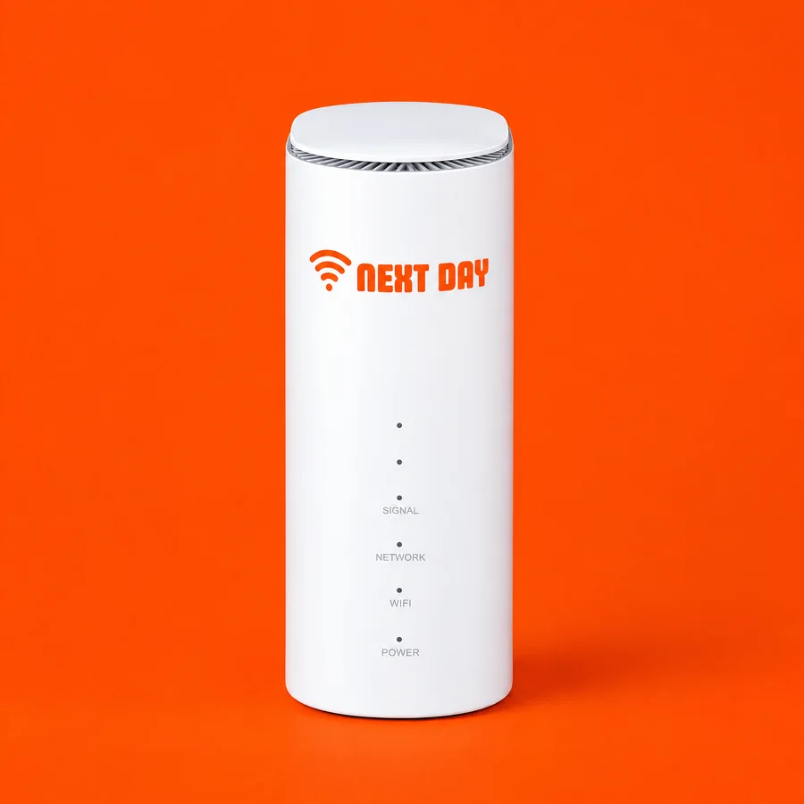 Everyday Plus plug-in broadband router: tall white 5G router with the Next Day logo