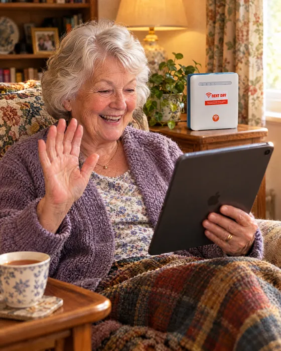 A grandmother video-calling family on a tablet, the Everyday router behind her