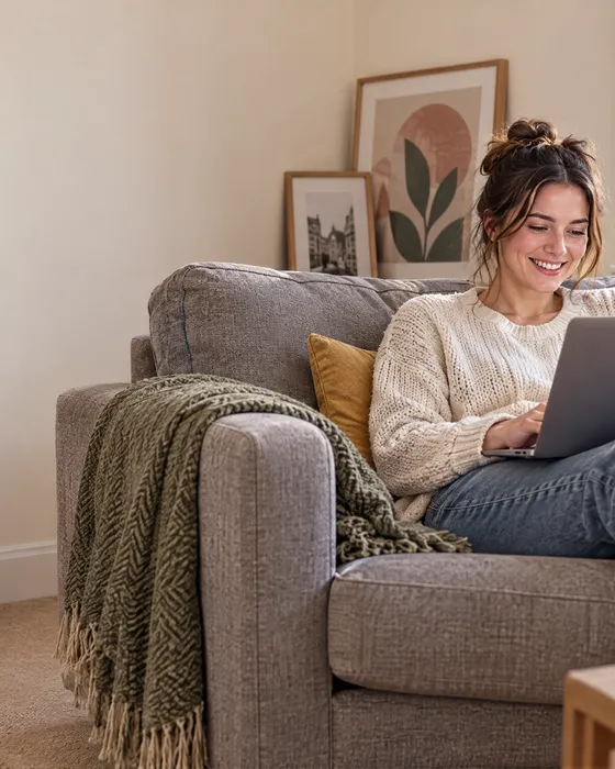 A renter on a sofa with a laptop, the Everyday router on the sideboard