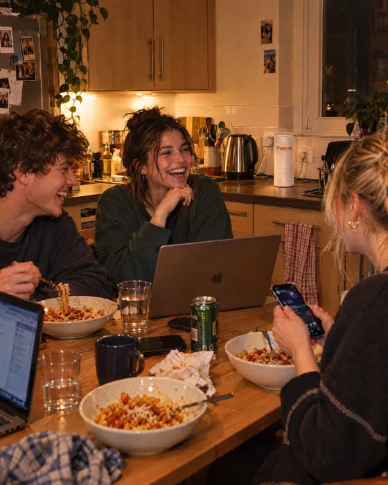 Housemates having dinner in a shared kitchen with the Everyday Plus router on the worktop
