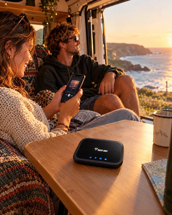 A couple in a campervan by the sea with the On-The-Go router on the table
