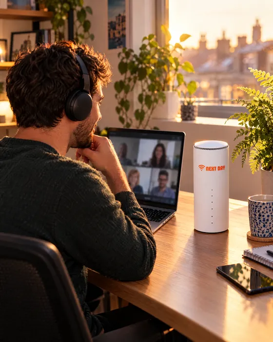 A man on a video call at home with the Everyday Plus router on his desk