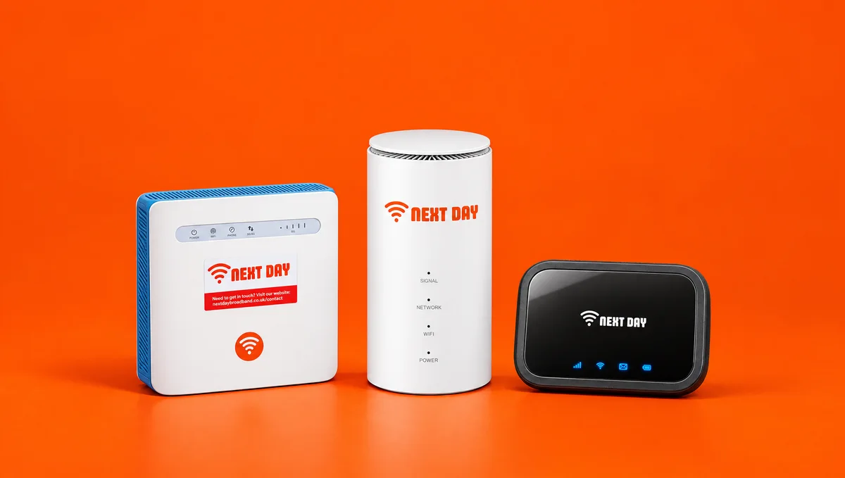 The three Next Day Broadband routers on an orange studio backdrop: Everyday, Everyday Plus and On-The-Go